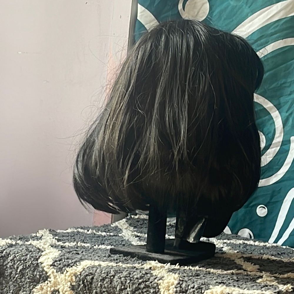 10 inch dark brown cap wig with bangs